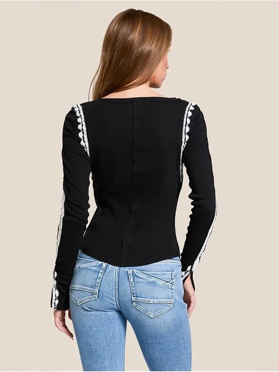 Free People Lost Love Black Embroidered Long Sleeve Top Boho Western S NWT - Picture 2 of 6